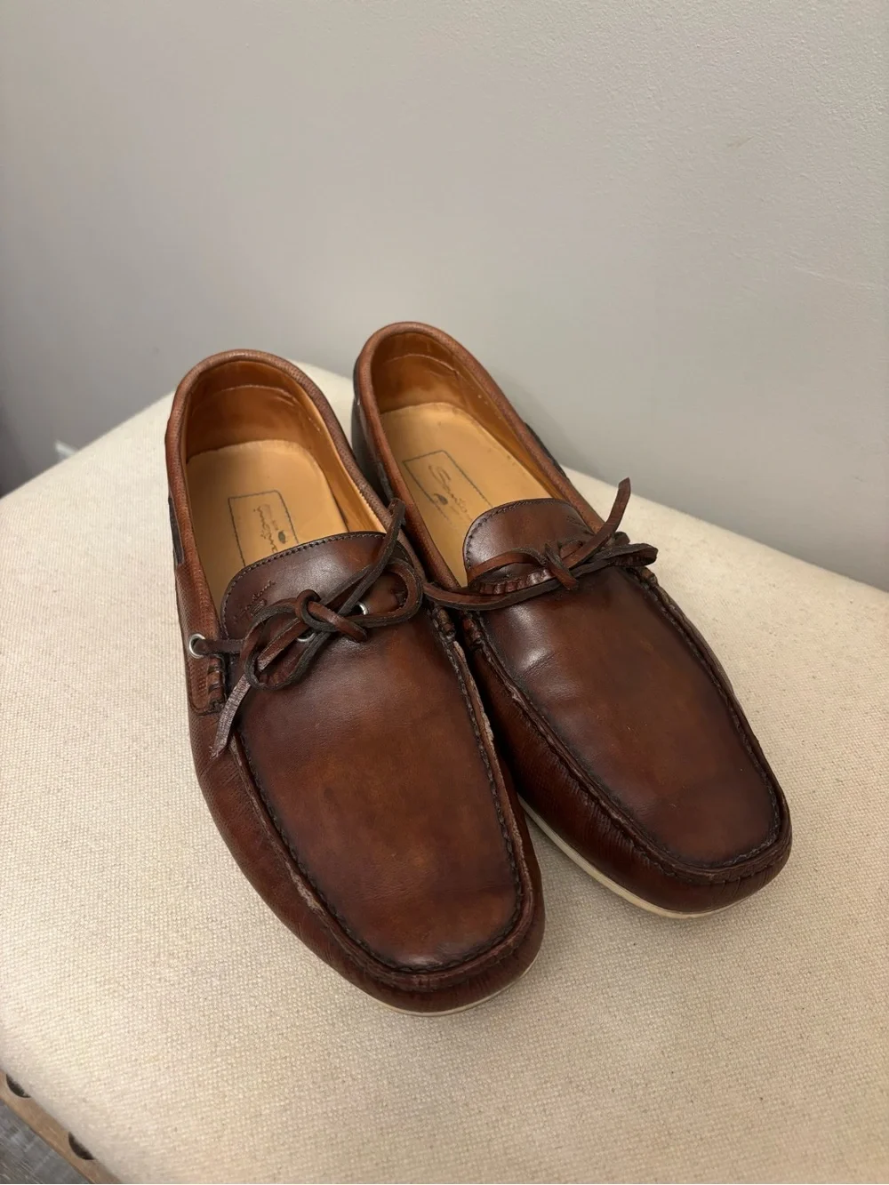 Santoni Men's Brown Leather Driving Shoes Loafers Lace Tie Moc Toe Size 9.5 D US
